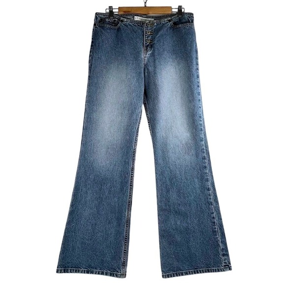 Express Denim - Y2K 90s Express Hipster Flared Jeans Women's 13/14L Button Fly Blue Denim Hippie